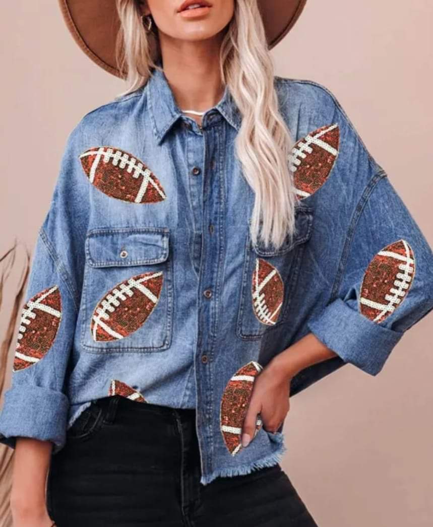 Sky Blue Sequin Patchwork Flap Pockets Raw Hem Denim Jacket