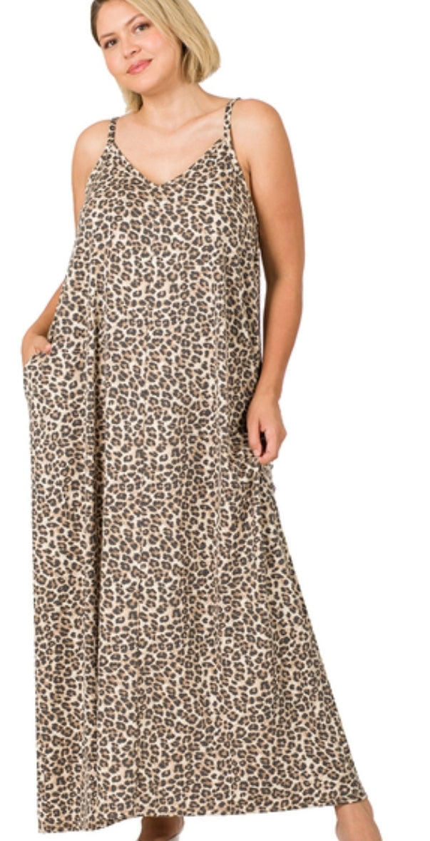 Plus Soft French Terry Leopard Cami Maxi Dress