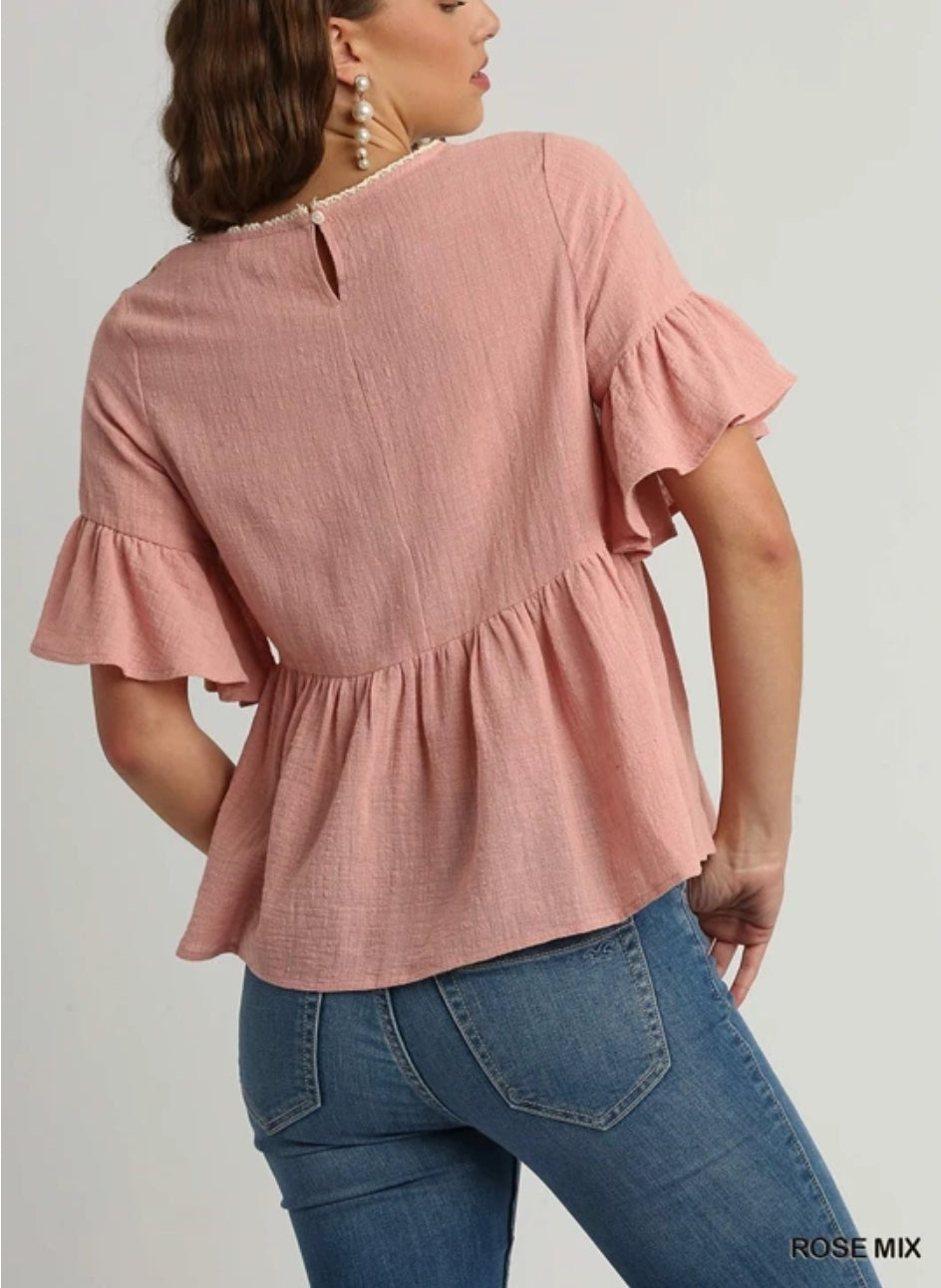 Floral Print Lace Trimmed Detail Half Sleeve Babydoll Top with Keyhole