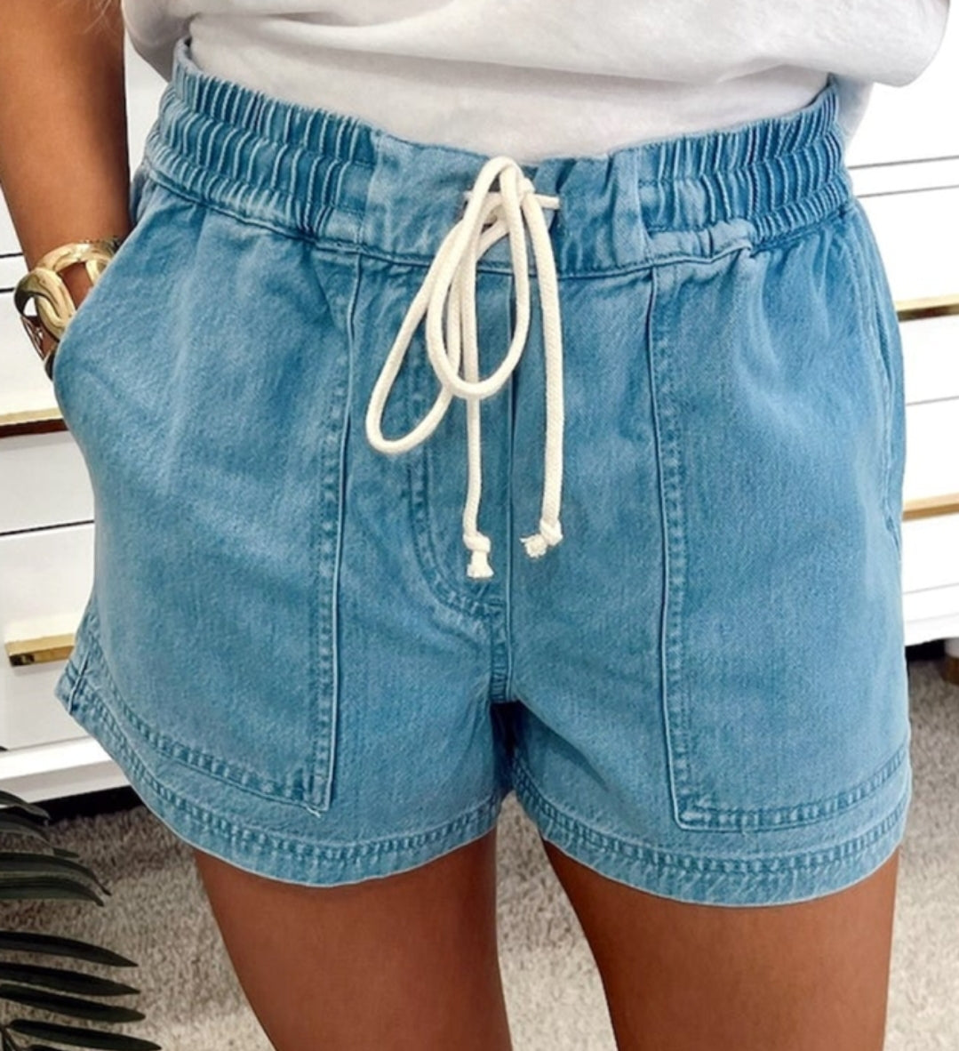 Beau Blue Contrast Drawstring Elastic Waist Denim Shorts