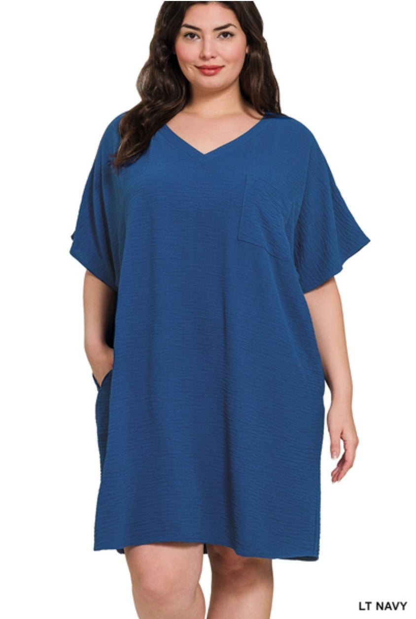 Plus Woven Airflow V-neck T-Shirt Dress with Pockets