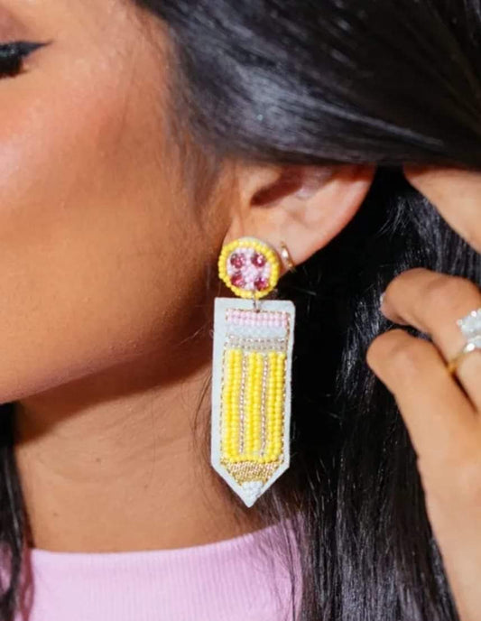 Yellow Beaded Pencil Teacher Earrings