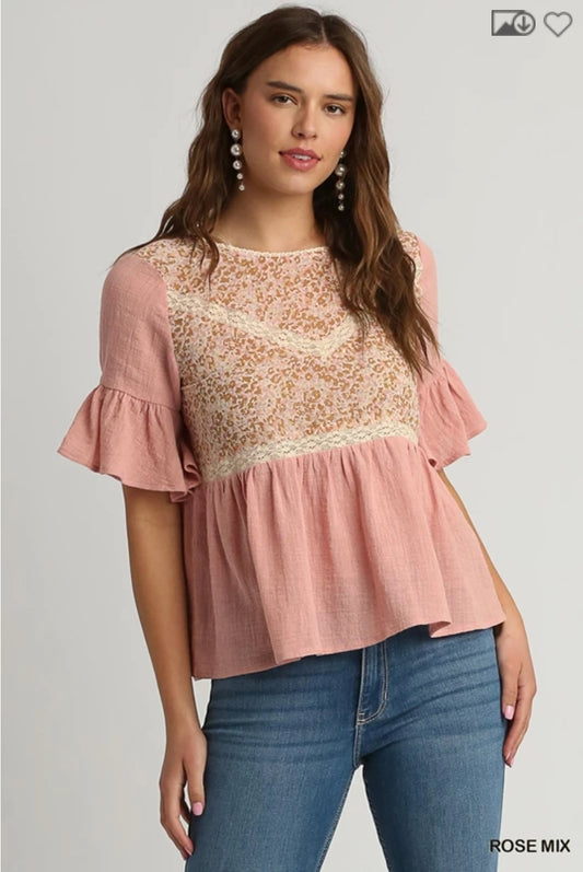 Floral Print Lace Trimmed Detail Half Sleeve Babydoll Top with Keyhole