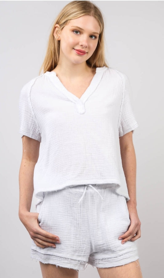 Washed Cotton Crinkle Gauze Top & Shorts Set