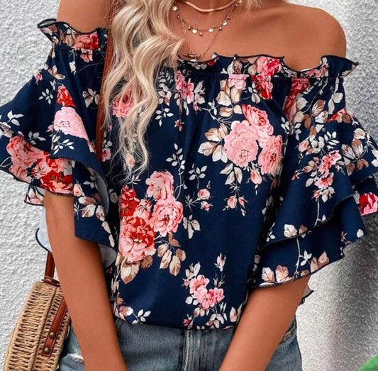 Blue floral off the shoulder top