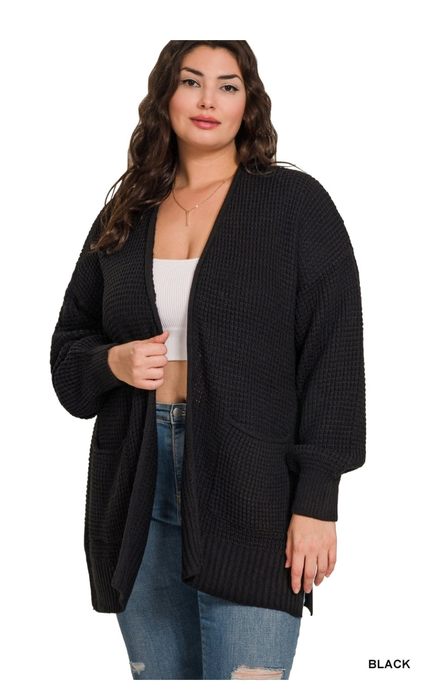 Low gauge waffle open cardigan sweater