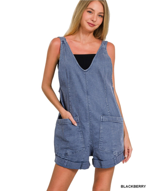 Blackberry Washed adjustable strap romper with pocket