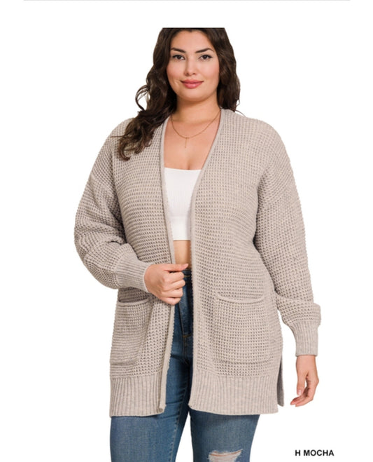 Low gauge waffle open cardigan sweater