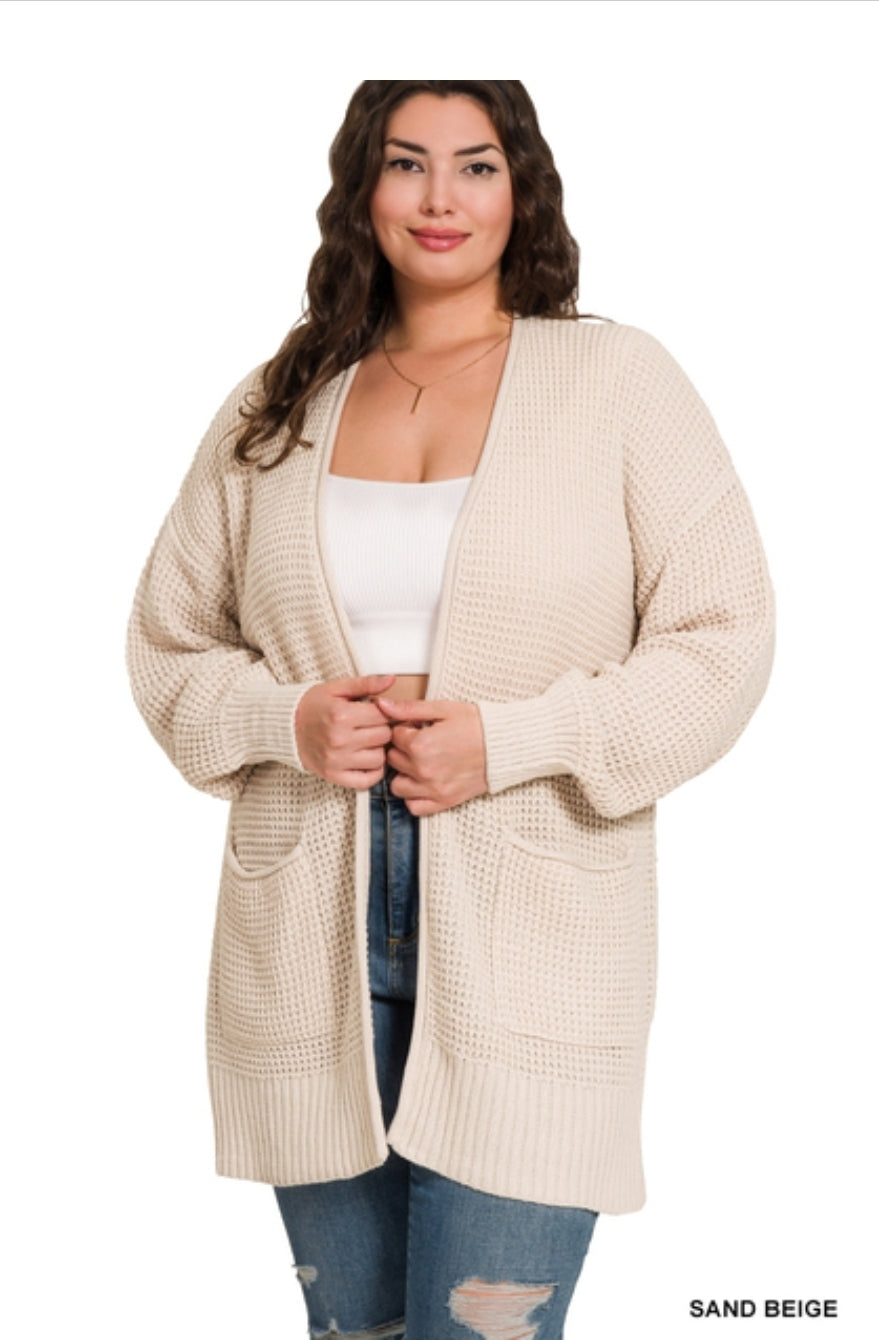 Low gauge waffle open cardigan sweater