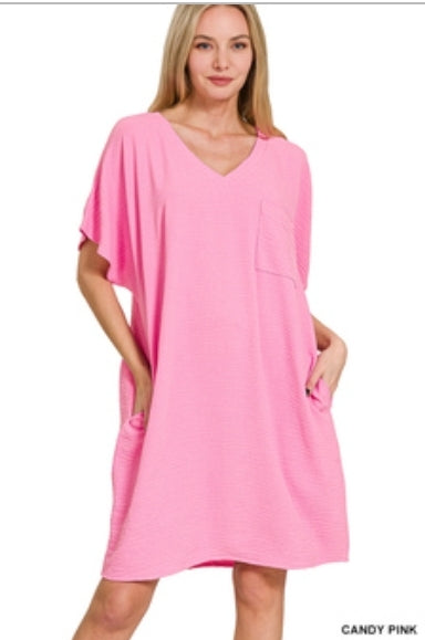 Woven Airflow V-neck T-Shirt Dress with Pockets