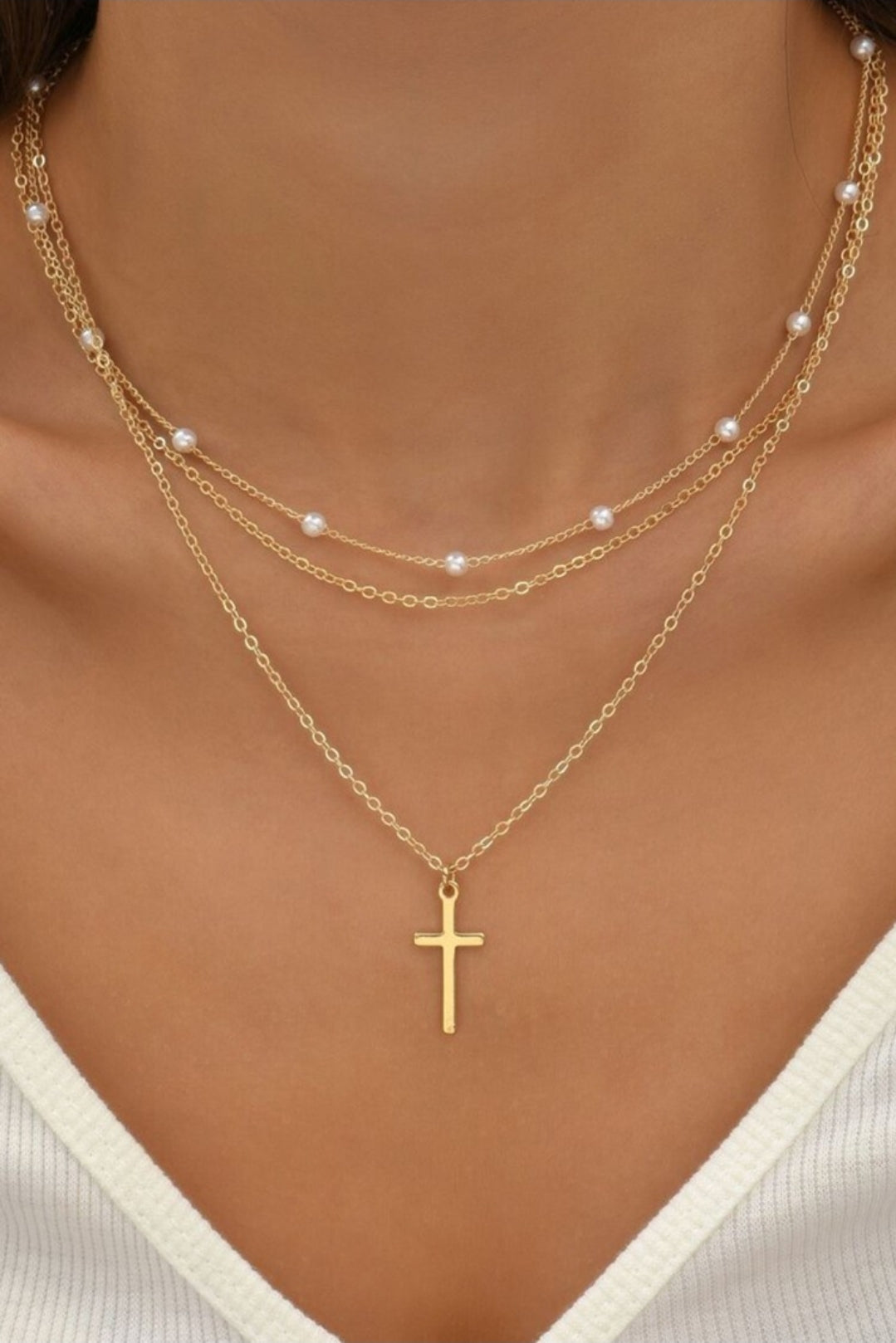 Cross pendant triple layer necklace