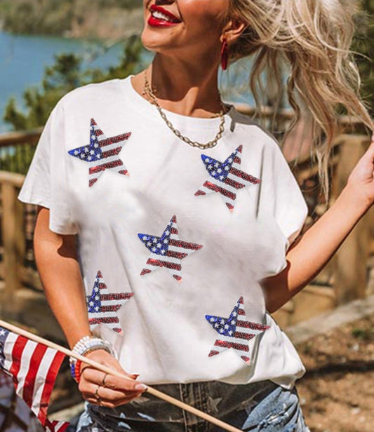White Sequined American Flag Star Graphic T Shirt