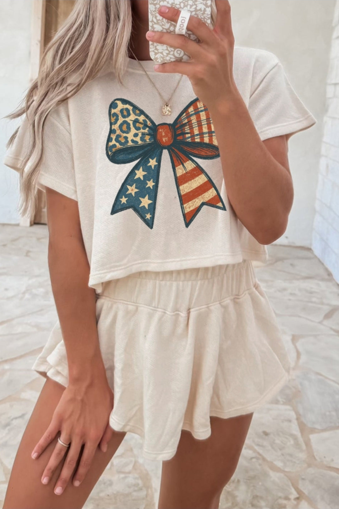 Beige Leopard Flag Day Bow Print Loose Tee High Waist Skort Set