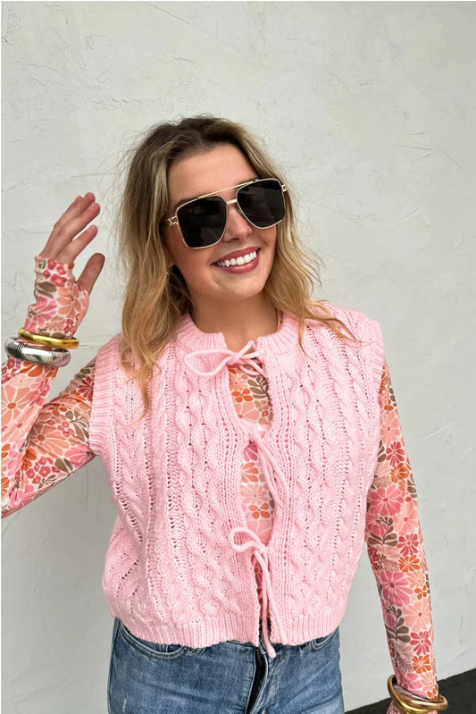 Pink Flora Tie Front Sweater Vest