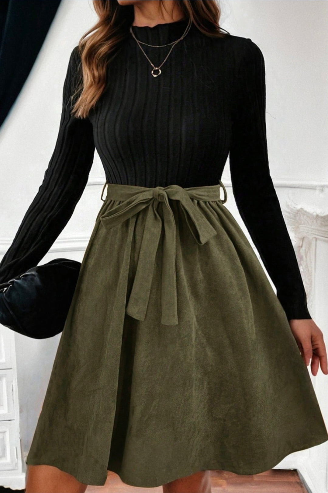 Black Ribbed knit Flared Skirt Belted Dress