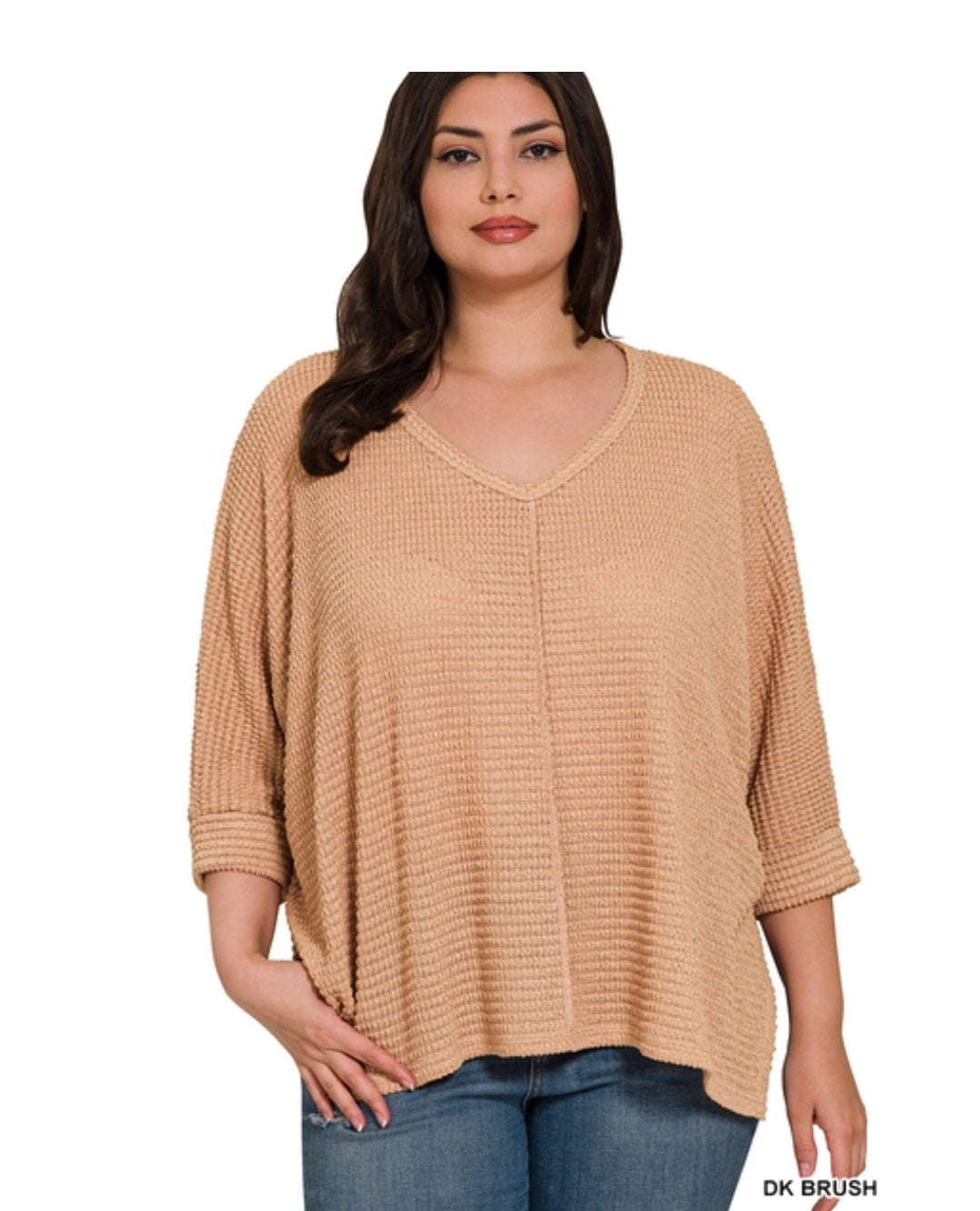 3/4 sleeve v-neck hi-low hem jacquard sweater